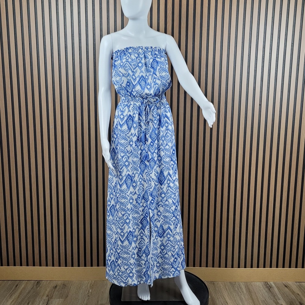 Jessica Simpson Maxi Dress Strapless Ikat Geometric Blue White Tassel Large
